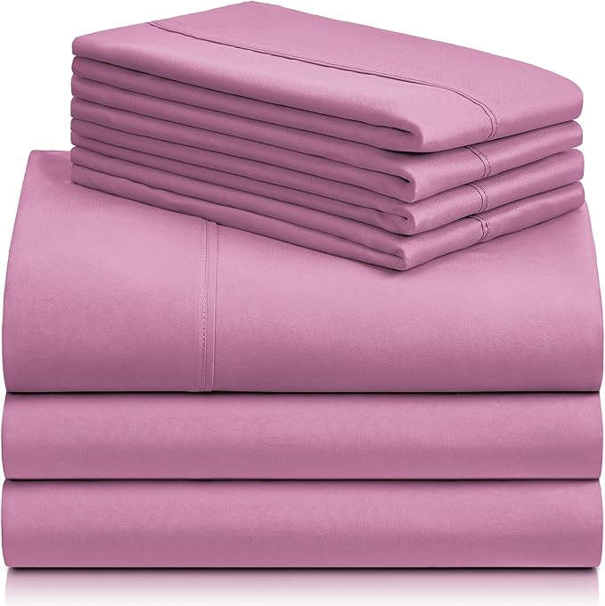 LuxClub 7 PC Split King Sheet Set, Breathable Luxury Bed Sheets, Deep Pockets 18" Eco Friendly Wrinkle Free Cooling Sheets Machine Washable Hotel Bedding Silky Soft - Light Plum Split King - LeafyLoom