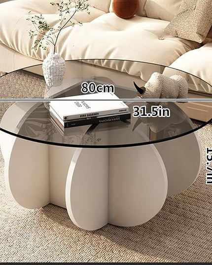 Round Coffee Table, 31.5" White Glass Coffee Tables for Living Room, Unique Circle Coffee Table with Solid Wood Base Abstract Small Center Tabl - LeafyLoom