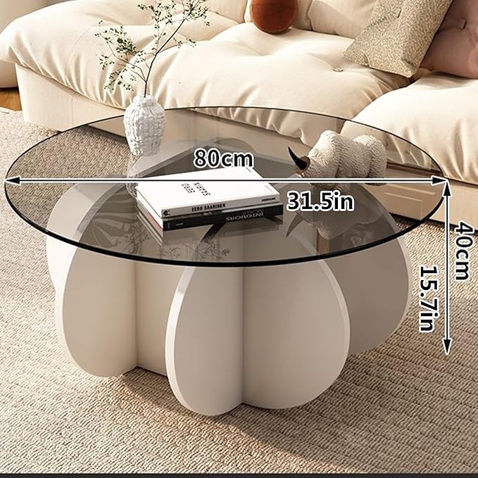 Round Coffee Table, 31.5" White Glass Coffee Tables for Living Room, Unique Circle Coffee Table with Solid Wood Base Abstract Small Center Tabl - LeafyLoom