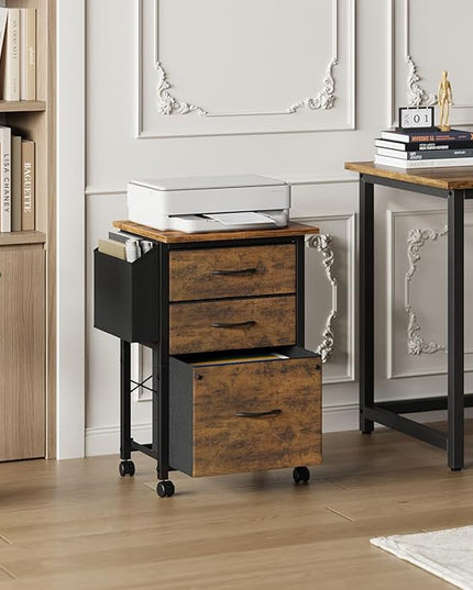 3 Drawer File Cabinet with 18'' Extended Board, Fabric Drawer, Mobile Filing Cabinet Fits A4/Letter Size Files, Rolling Printer Stand with Storage Bag, File Cabinet Home Office, Rustic Brown - LeafyLoom