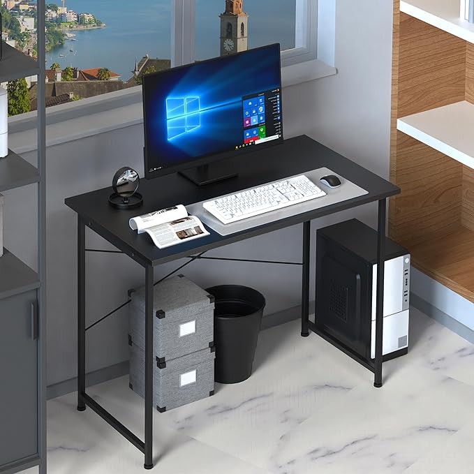 HealSmart Home Office Computer Desk, Modern Style Design with Headphone Hooks for Working, Writing and Gaming, 32 Inch, 40 Inches, Black - LeafyLoom