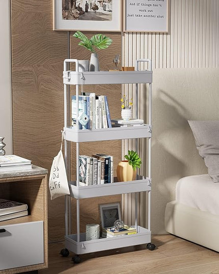 SOLEJAZZ Slim Storage Cart, 4 Tier Bathroom Organizer Mobile Shelving Unit, Rolling Utility Cart Slide Out Organizer for Kitchen, Bathroom, Laundry, Narrow Places, Gray - LeafyLoom