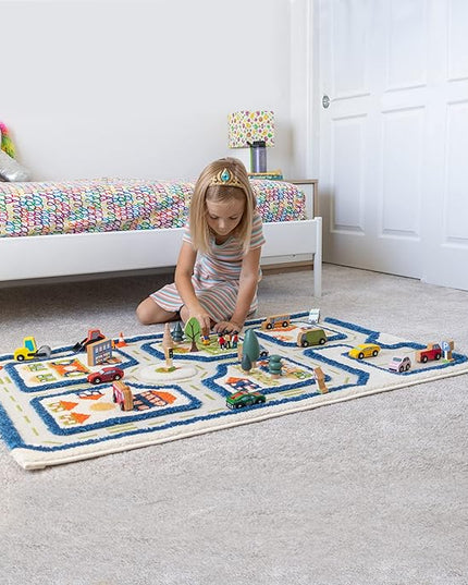 IVI Thick 3D Childrens Play Mat & Rug in A Colorful Town Design for Kids with Soccer Field, Car Park & Roads, Blue, 32 x 45 inches - LeafyLoom