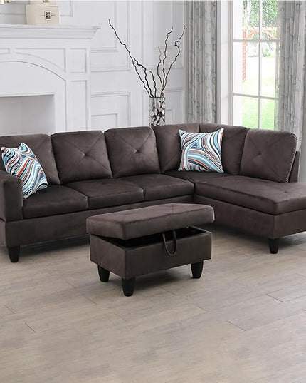 L-Shaped Sectional Couches with 66.5'' Chaise Lounge & Storage Ottoman Modular Room Sofas for Home Office Apartment, Large Living Furniture, 97'' Right Hand Facing, Espresso Flannel - LeafyLoom