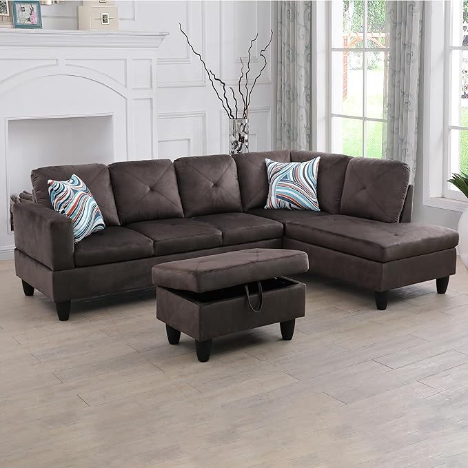 L-Shaped Sectional Couches with 66.5'' Chaise Lounge & Storage Ottoman Modular Room Sofas for Home Office Apartment, Large Living Furniture, 97'' Right Hand Facing, Espresso Flannel - LeafyLoom