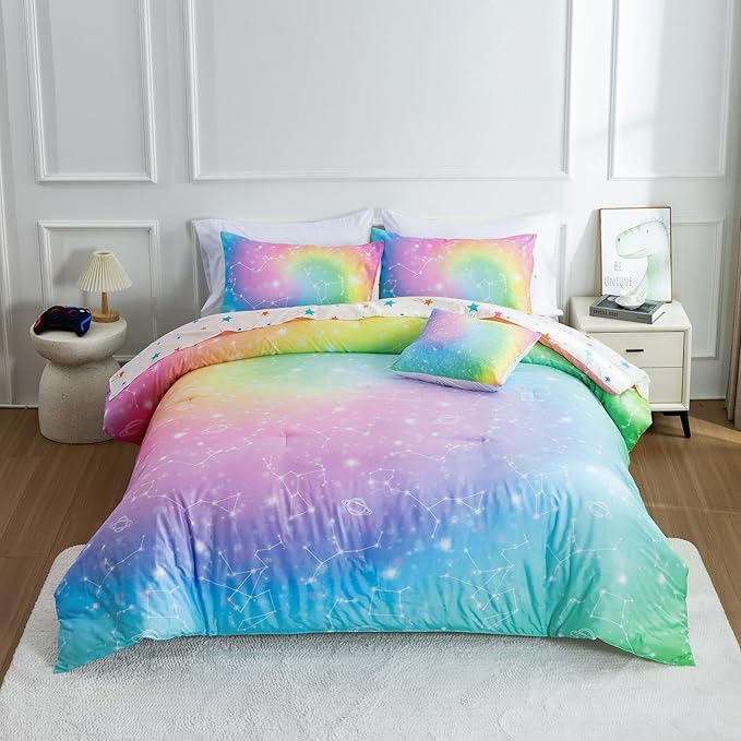 Btargot 6 Piece Tie Dye Constellation Comforter Set Bed in A Bag, Galaxy Rainbow Stars Pattern Bedding Set for Boys Girls Teen, Queen Multi - LeafyLoom