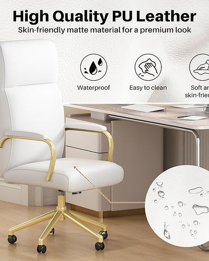 White and Gold Office Chair, High Back office Chair for Women, Modern Desk Chair Comfy with Arms, Leather Executive office Chair with Wheels - LeafyLoom