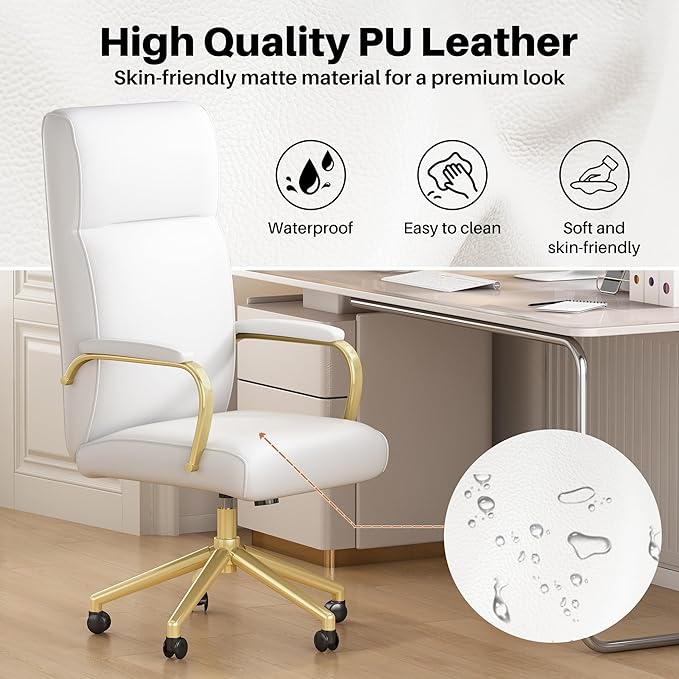 White and Gold Office Chair, High Back office Chair for Women, Modern Desk Chair Comfy with Arms, Leather Executive office Chair with Wheels - LeafyLoom