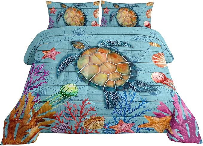 Datura home Sea Turtle Bedding Comforter Set Sea Turtle Ocean Beach Printed Pattern Bedding Set with 1 Comforter and 2 Pillowcases for Boys Bedroom All Season(Sea Turtle Twin) - LeafyLoom