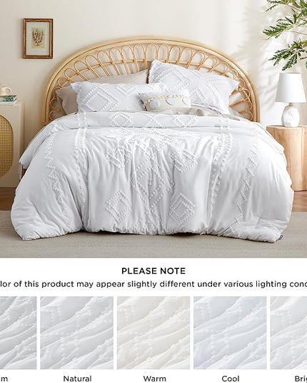 Bedsure Boho Comforter Set King - White Tufted Bedding Comforter Set, 3 Pieces Farmhouse Shabby Chic Embroidery Bedding Set, Soft Geometric Pattern Comforter for All Seasons - LeafyLoom
