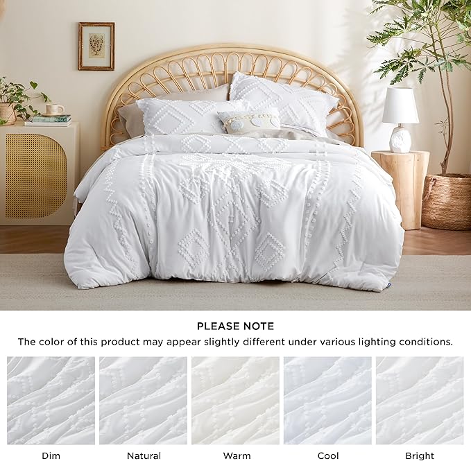Bedsure Boho Comforter Set King - White Tufted Bedding Comforter Set, 3 Pieces Farmhouse Shabby Chic Embroidery Bedding Set, Soft Geometric Pattern Comforter for All Seasons - LeafyLoom
