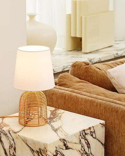 Globe Electric 61000047 14" Table Lamp, Rattan Base, White Linen Shade, On/Off Rotary Switch on Socket, Table Lamp for Living Room, Home Décor, Lamps for Bedroom, Home Improvements, Room Décor - LeafyLoom