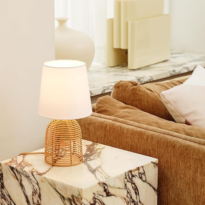 Globe Electric 61000047 14" Table Lamp, Rattan Base, White Linen Shade, On/Off Rotary Switch on Socket, Table Lamp for Living Room, Home Décor, Lamps for Bedroom, Home Improvements, Room Décor - LeafyLoom