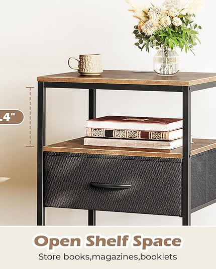 SUPERJARE Night Stand with Charger Station, 27.7 Inch Tall Nightstand with Adjustable Fabric Drawer, Bed Side Table, Fabric Drawer Dresser for Bedroom, Living Room, Rustic Brown and Black - LeafyLoom