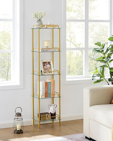 5-Tier Bookcase, Tempered Glass Bookshelves, Narrow Bookshelf for Small Spaces, Storage Rack Display Shelf Slim Shelving Unit for Living Room, Bedroom, Bathroom, Entryway, Office, Golden - LeafyLoom