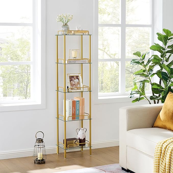 5-Tier Bookcase, Tempered Glass Bookshelves, Narrow Bookshelf for Small Spaces, Storage Rack Display Shelf Slim Shelving Unit for Living Room, Bedroom, Bathroom, Entryway, Office, Golden - LeafyLoom
