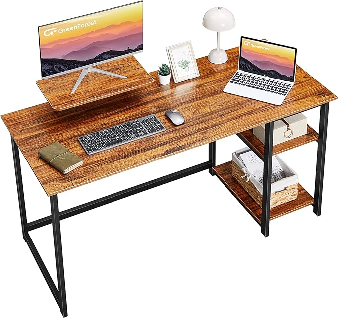 GreenForest Computer Desk with Monitor Stand,47 inch Home Office Desk with Reversible Storage Shelves Modern Writing Study Work Table,Easy Assembly,Walnut - LeafyLoom