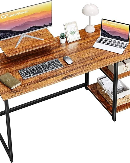 GreenForest Computer Home Office Desk with Monitor Stand and Reversible Storage Shelves,55 inch Modern Simple Writing Study PC Work Table,Walnut - LeafyLoom