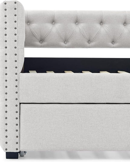 Linen Upholstered Full Size Daybed with Twin Trundle, Wooden Sofa Bed Frame w/Button Tufted and Copper Nail on Square Arms, for Bedroom, Guest Room, No Spring Box Need, Beige - LeafyLoom