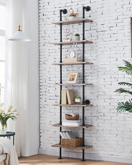 HOMBAZAAR Industrial Bookshelf, 7-Tier Industrial Pipe Bookshelf, Wall Mounted Ladder Shelves with Metal Frame for Home Office, Living Room, Oak Brown - LeafyLoom