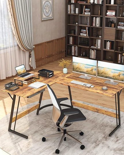 BANTI 59 x 47 inch L-Shaped Desk Computer Corner Desk, Home Office Writing Study Workstation with Small Table, Space Saving, Easy to Assemble, Brown - LeafyLoom