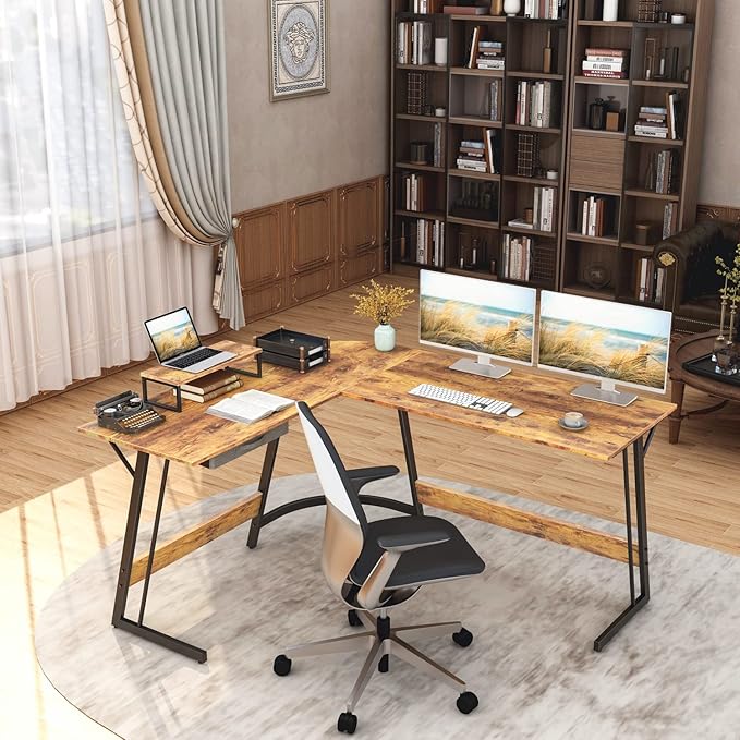 BANTI 59 x 47 inch L-Shaped Desk Computer Corner Desk, Home Office Writing Study Workstation with Small Table, Space Saving, Easy to Assemble, Brown - LeafyLoom