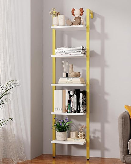 YMYNY 5 Tiers Ladder Bookcase, Industrial Wall Mounted Bookshelf, Open Display Rack with Metal Frame, Wooden Storage Shelves for Bedroom, Home Office, Living Room, White+Gold, 70*17.3*11.8"UHBC015W - LeafyLoom