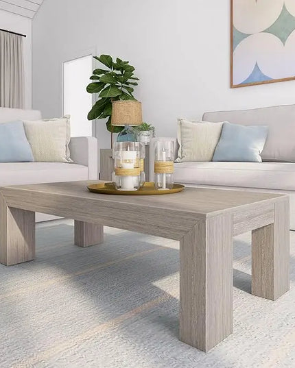 Plank+Beam Modern Rectangular Coffee Table, Solid Wood, 48 Inch, Medium Sized Coffee Table, Center Tables for Small Spaces, Living Space Medium Tea Table, Seashell Wirebrush - LeafyLoom