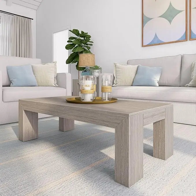 Plank+Beam Modern Rectangular Coffee Table, Solid Wood, 48 Inch, Medium Sized Coffee Table, Center Tables for Small Spaces, Living Space Medium Tea Table, Seashell Wirebrush - LeafyLoom