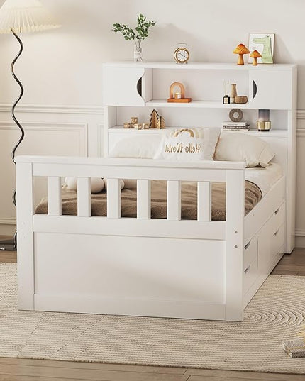 Merax Twin Size Bed Frames with Bookcase Headboard,Kids Wooden Platform Bed with 4 Drawers,White Captain Platform Bed with Storage Underneath - LeafyLoom