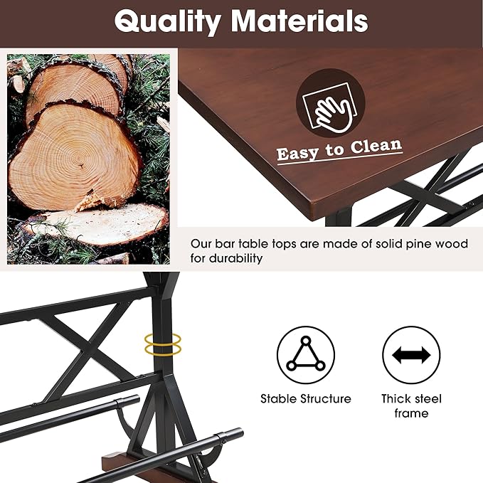 NicBex Dining Table Set for 4 Kitchen Table Set 59" Wooden Sofa Side Table with Adjustable Height Stools, Modern Bar Table and Chairs for Living Room, Dining Room, Espresso - LeafyLoom