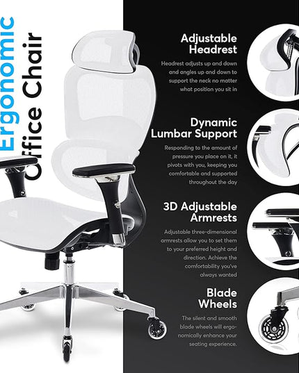 Oline ErgoPro Ergonomic Office Chair - Rolling Desk Chair with 4D Adjustable Armrest, 3D Lumbar Support and Blade Wheels - Mesh Computer Chair, Gaming Chairs, Executive Swivel Chair (White) - LeafyLoom