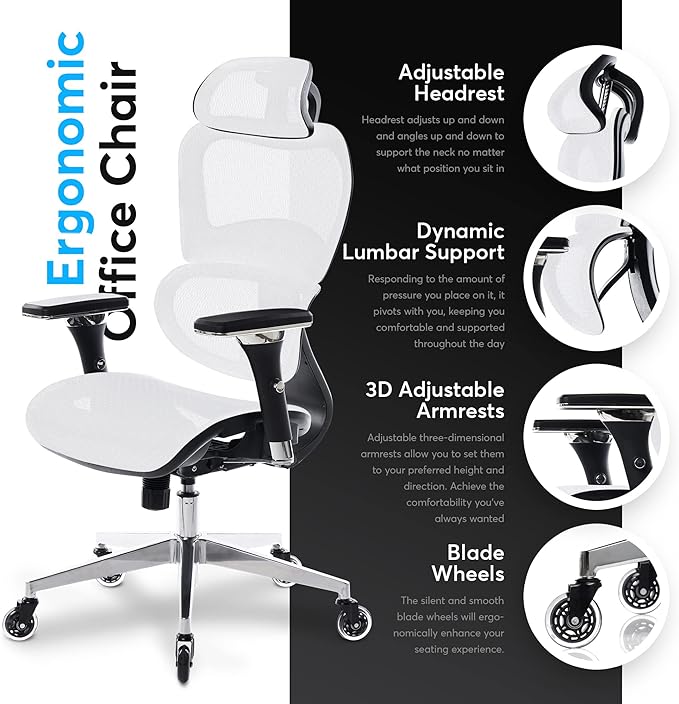 Oline ErgoPro Ergonomic Office Chair - Rolling Desk Chair with 4D Adjustable Armrest, 3D Lumbar Support and Blade Wheels - Mesh Computer Chair, Gaming Chairs, Executive Swivel Chair (White) - LeafyLoom