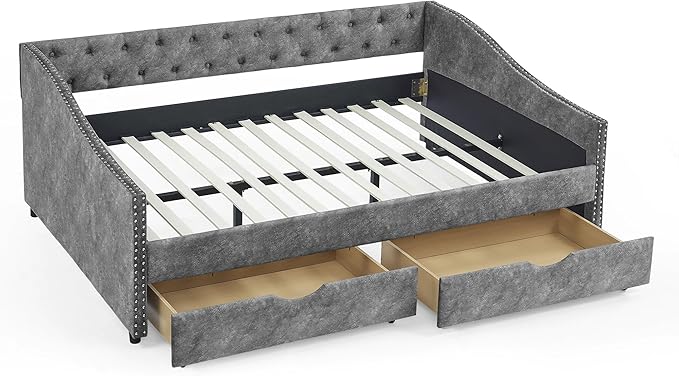 Upholstered Full Size Daybed with Two Storage Trundle Drawers, Solid Wooden Bed Frame w/Button Tufted Backrest, No Box Spring Needed, for Kids, Bedroom, Dorm - LeafyLoom