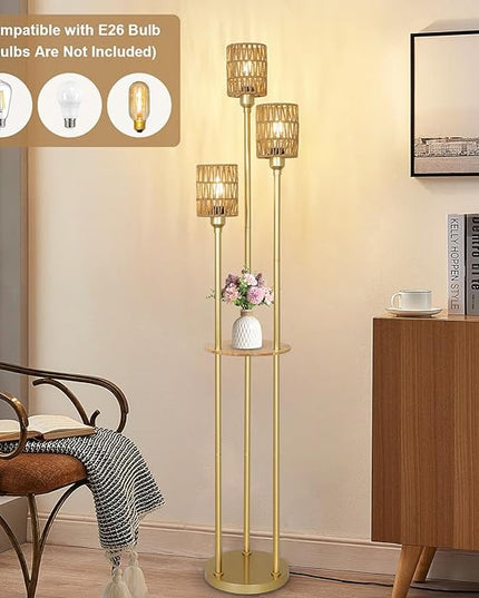 Boho Floor Lamp with Shelves, 3-Lights Farmhouse Tall Floor Lamp with ON/OFF Foot Switch, Gold Modern Floor Lamps with Rattan Shades, Rustic Standing Lamp for Living Room, Bedroom, Office - LeafyLoom
