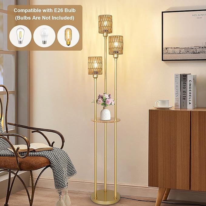 Boho Floor Lamp with Shelves, 3-Lights Farmhouse Tall Floor Lamp with ON/OFF Foot Switch, Gold Modern Floor Lamps with Rattan Shades, Rustic Standing Lamp for Living Room, Bedroom, Office - LeafyLoom