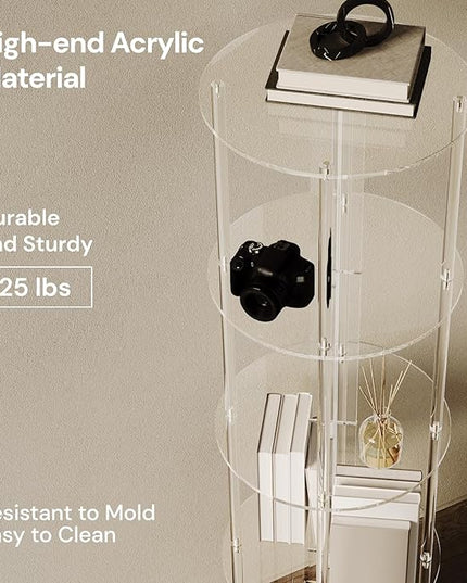 Acrylic Rotating Bookshelf, 5 Tier Round Clear Bookcase with Metal Base, 360 Spinning Bookshelf for Living Room, Bedroom, Corner, Floor Standing, 15.7" D x 15.7" W x 54.1" H - LeafyLoom