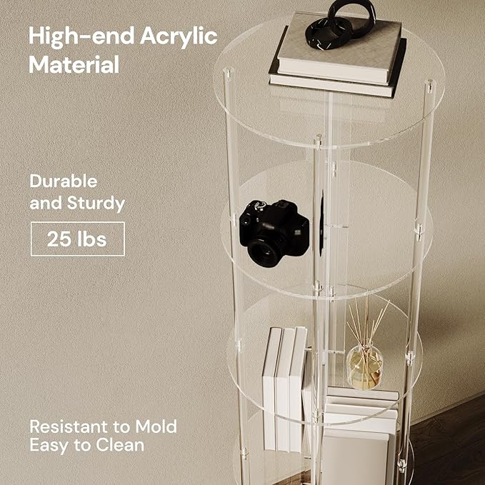 Acrylic Rotating Bookshelf, 5 Tier Round Clear Bookcase with Metal Base, 360 Spinning Bookshelf for Living Room, Bedroom, Corner, Floor Standing, 15.7" D x 15.7" W x 54.1" H - LeafyLoom