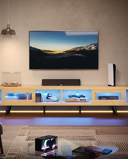 Bestier Mid Century Modern TV Stand for 75 inch TV, LED Entertainment Center with Storage and Sliding Doors, Low Profile TV Consoles for Living Room, White Maple - LeafyLoom