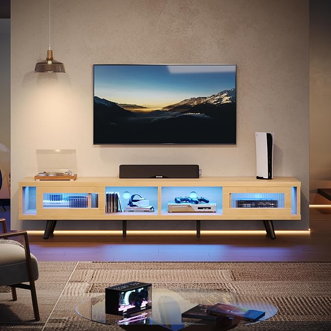 Bestier Mid Century Modern TV Stand for 75 inch TV, LED Entertainment Center with Storage and Sliding Doors, Low Profile TV Consoles for Living Room, White Maple - LeafyLoom