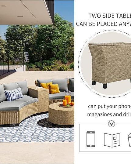 Outdoor 9 Pieces Patio Furniture Half Moon Wicker Sofa Sets, Fan-Shaped Curved Sectional Couch with Coffee Table and Gray Cushions, 1, Brown Rattan - LeafyLoom