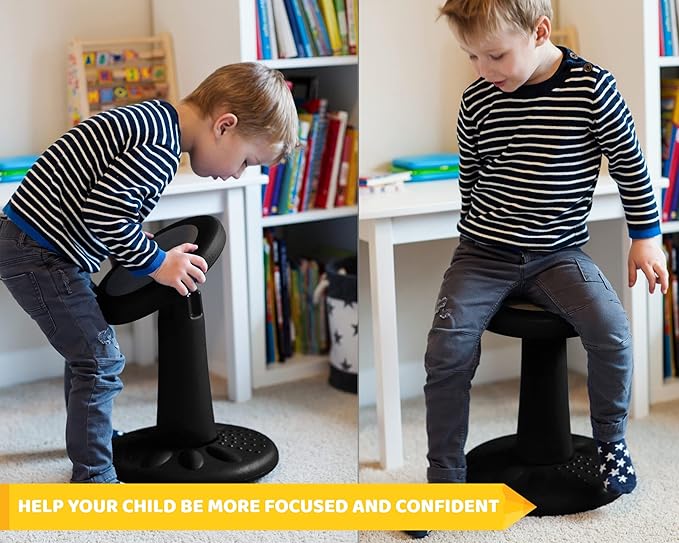 Studico ActiveChairs Kids Wobble Chair, Flexible Elementary Classroom Seating, Improves Focus, Posture and Helps ADHD/ADD, Sensory Chair, Active Fidget Chairs, Pre-Teen 17.75" Stool, Ages 7-12, Black - LeafyLoom