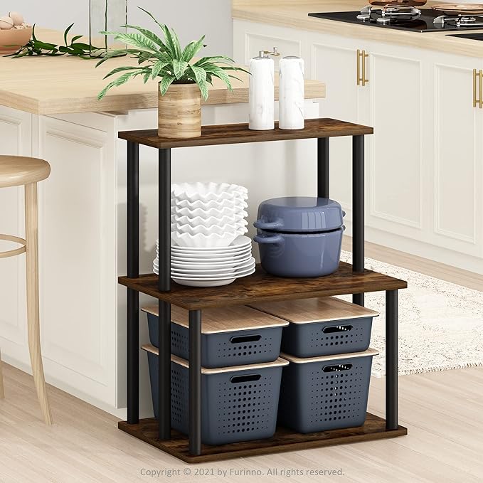 Furinno Turn-N-Tube 3-Tier Toolless Kitchen Storage Shelf, Amber Pine/Black - LeafyLoom