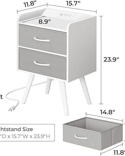 Night Stand with Charger Station, Nightstand with Drawers, Bedside Table, End Table with Solid Wood Feet, White Nightstand, Side Tables for Bedroom - LeafyLoom