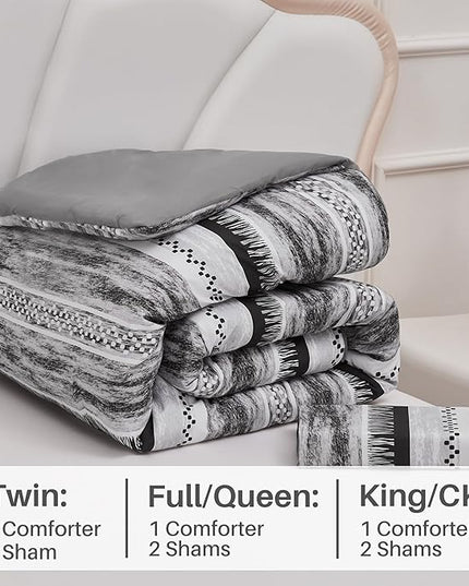 Striped Queen Size Comforter Set, Grey Black 3 PCS Microfiber Soft Lightweight Bedding Set - LeafyLoom