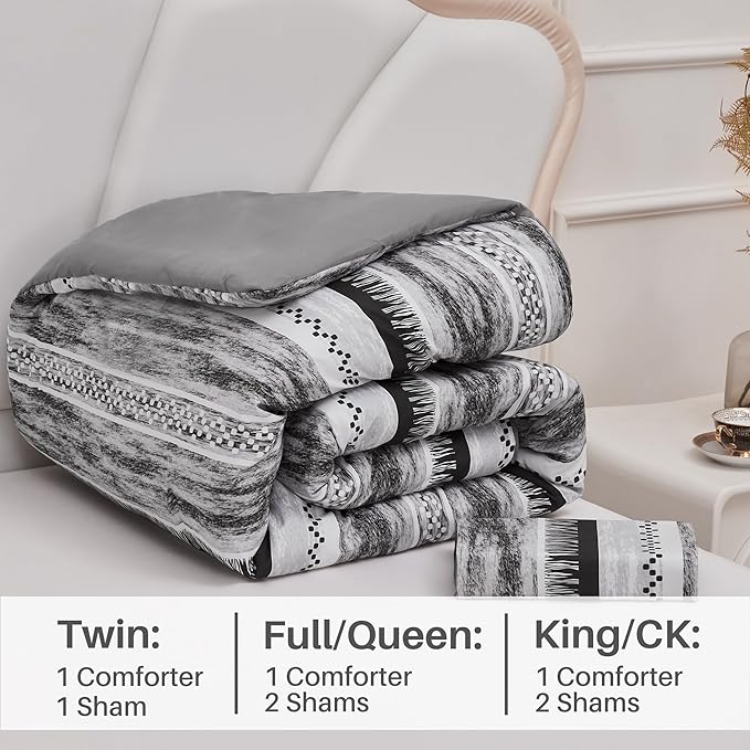 Striped Queen Size Comforter Set, Grey Black 3 PCS Microfiber Soft Lightweight Bedding Set - LeafyLoom