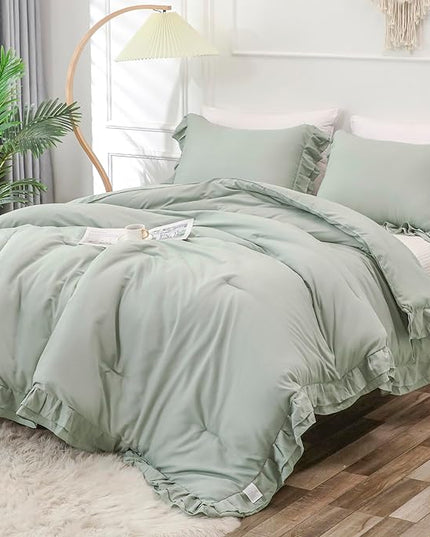 Sage Green Double Ruffle Comforter Set Full Size (79x90 Inch), 3 Pcs Farmhouse Vintage Comforter Set (1 Ruffled Comforter and 2 Pillowcase), Rustic All Season Down Alternative Bedding Set - LeafyLoom