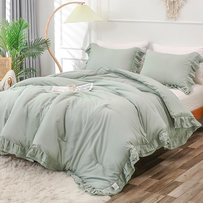 Sage Green Double Ruffle Comforter Set Twin Size (66x90 Inch), 2 Pcs Farmhouse Vintage Comforter Set (1 Ruffled Comforter and 1 Pillowcase), Rustic All Season Down Alternative Bedding Set - LeafyLoom