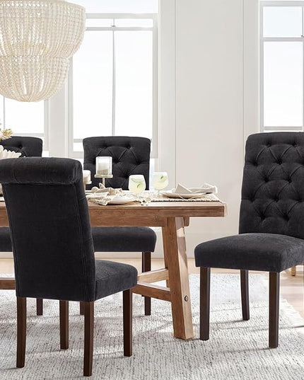 COLAMY Button Tufted Dining Chairs Set of 4, Parsons Upholstered Fabric Dining Room Chairs Kitchen Chairs with Wood Legs and Padded Seat, Black - LeafyLoom