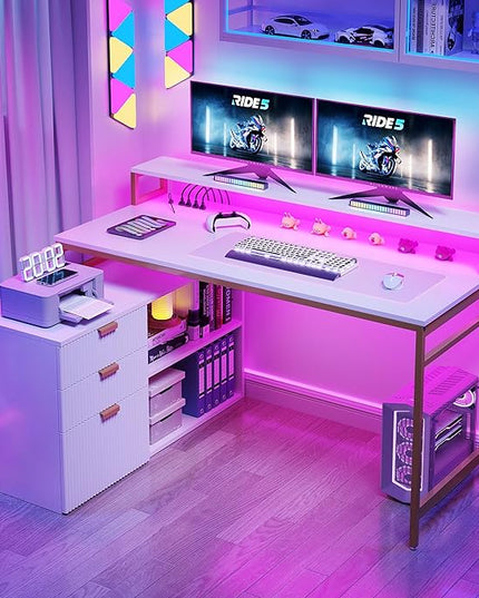 DWVO L Shaped Desk with File Cabinet & Power Outlets, 55" Computer Desk with Drawers, Corner Desk Office Desk with LED Light, White & Gold - LeafyLoom